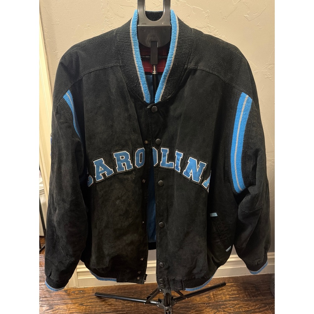 Vintage Carolina Panthers NFL Varsity Jacket Black Suede Embroidered Bomber